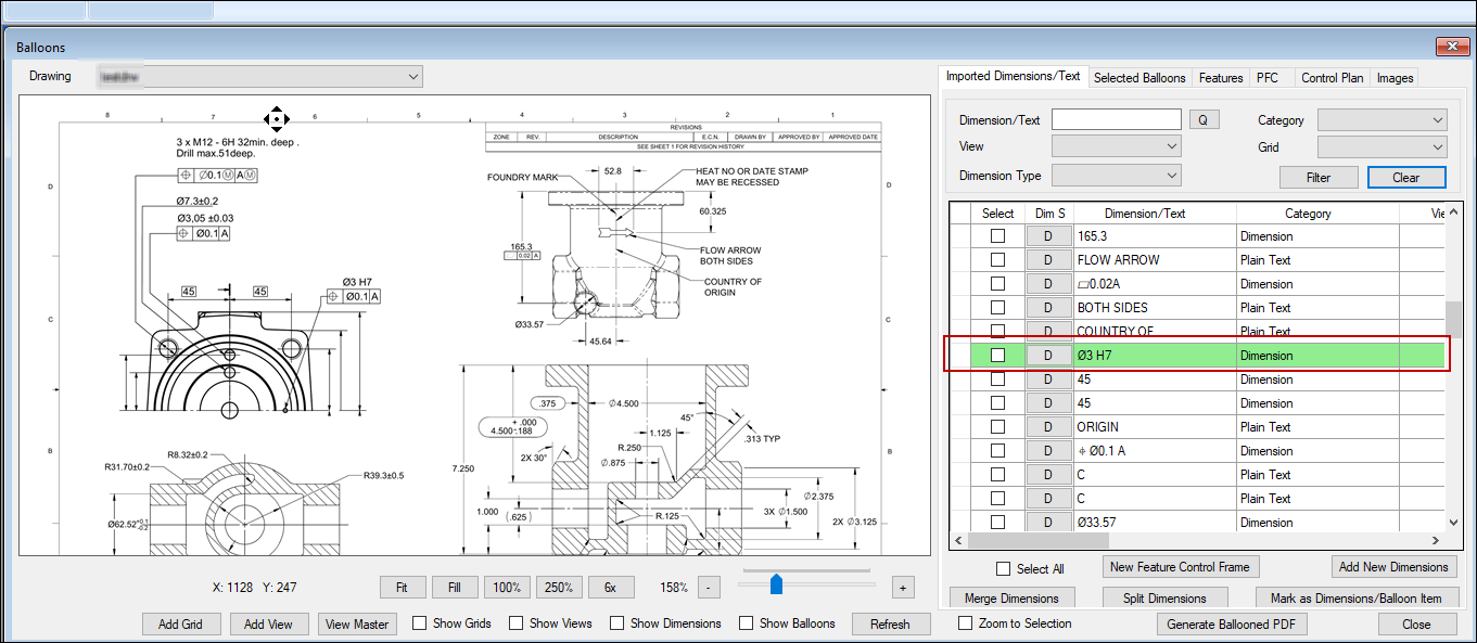 View highlighted dimension entry in Ballooning software