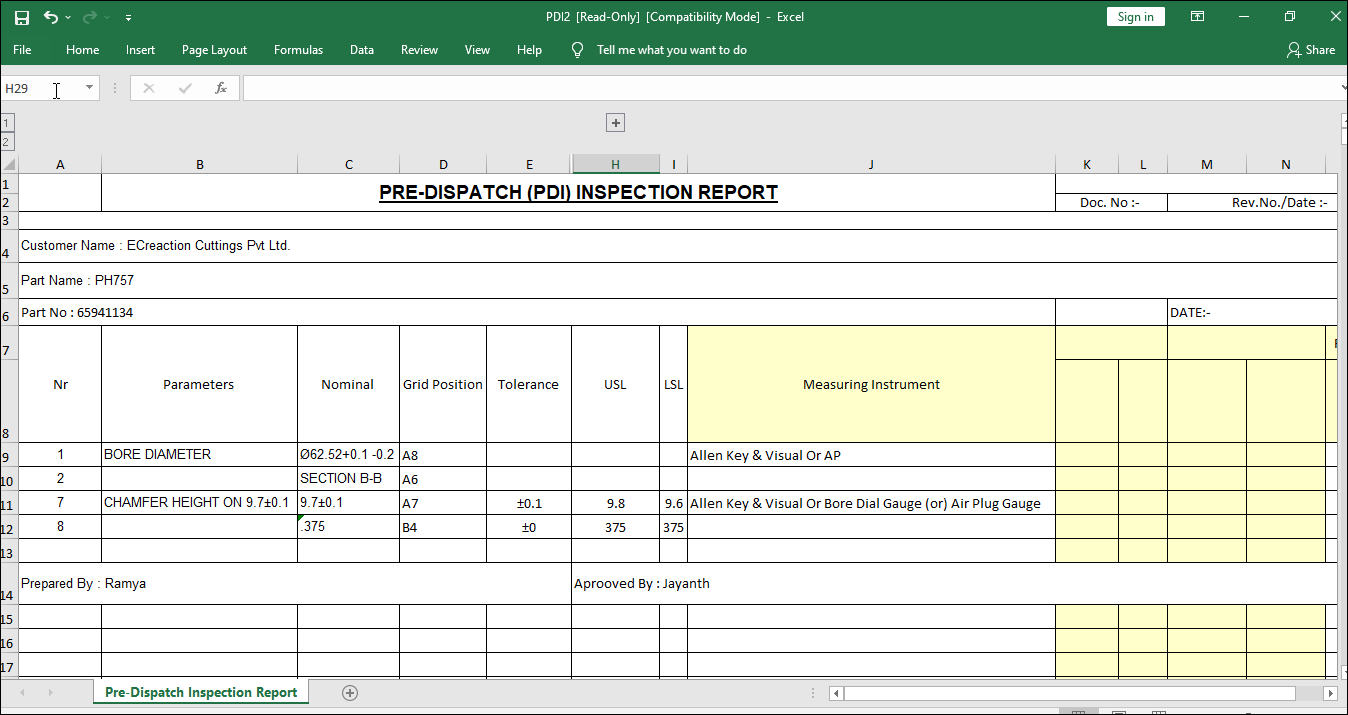 Pre-Dispatch Inspection Report generated through AS 9102 Reports
    software