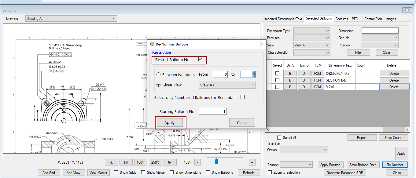 Apply View wise Balloon numbers to dimensions in Ballooning
    software