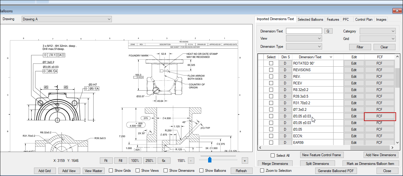 FCF button click to edit Feature Control Frame details in OCR
    Ballooning software