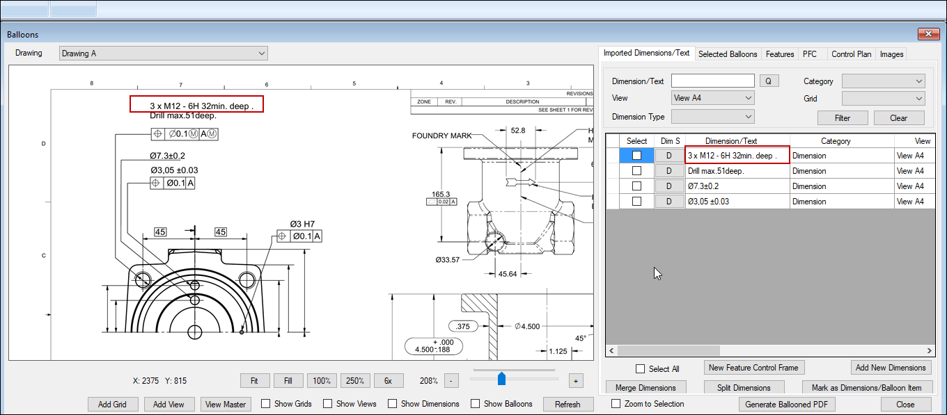 Select dimensions to merge in Automatic Ballooning software